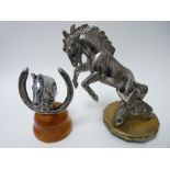 VINTAGE CAR MASCOTS X 2 to include a DESMO good luck HORSE HEAD in shoe 9cms H and a large REARING