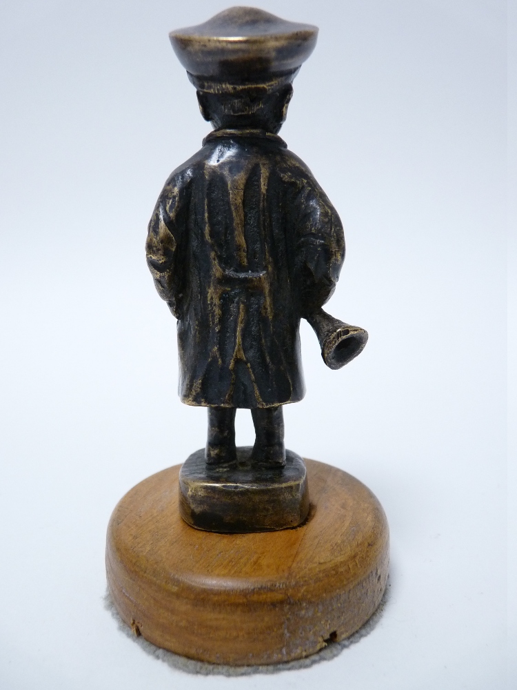 VINTAGE CAR MASCOT- STANDING CHAUFFER wearing cap and goggles, holding a horn, circa 1920s, 9cms H. - Image 2 of 2