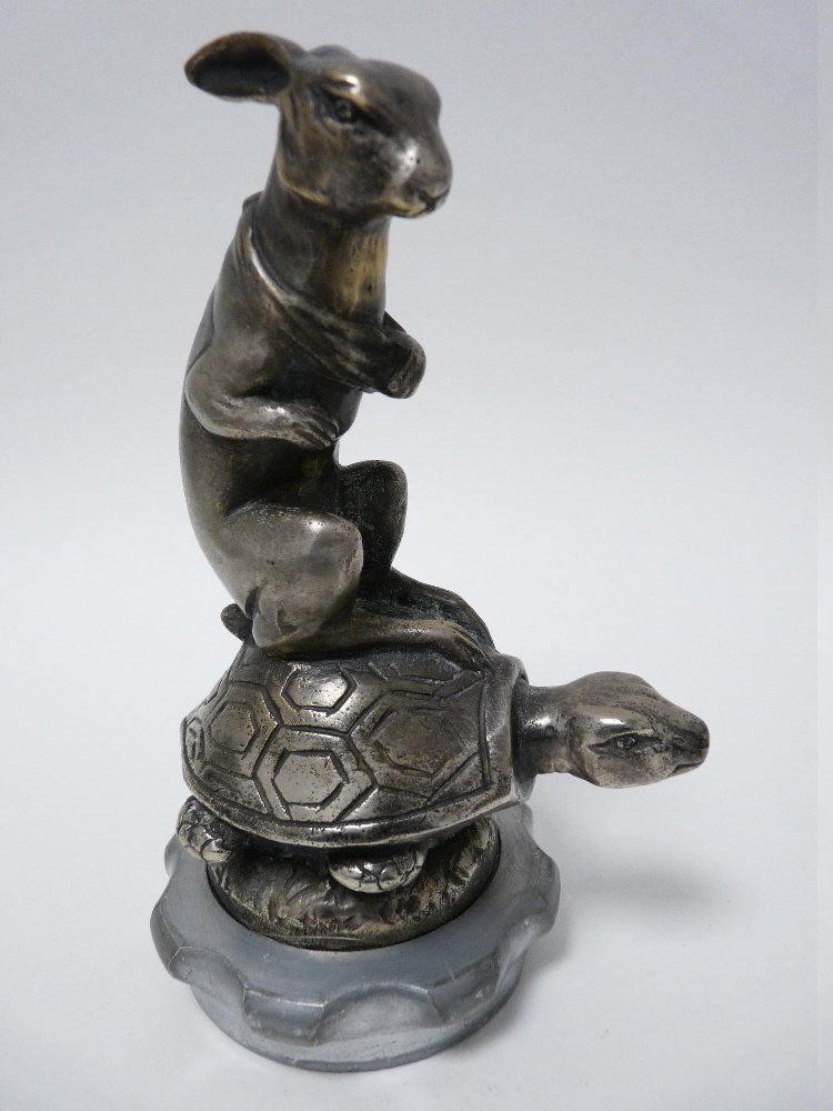 VINTAGE CAR MASCOT- HARE ON TORTOISE BACK after Henri Payne, French circa 1920, 14cms H.