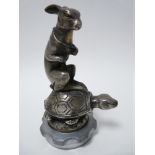 VINTAGE CAR MASCOT- HARE ON TORTOISE BACK after Henri Payne, French circa 1920, 14cms H.