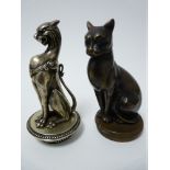 VINTAGE CAR MASCOTS X 2 - CATS circular based seated exampe with curled tail, 12.5cms H, and an
