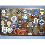 VINTAGE CAR OWNERS CLUB BADGES X 27 mounted to a board, makes include, Lagonda, Sunbeam Triumph,