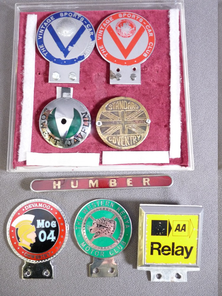 VINTAGE CAR BADGES X 8 to include a Morgan rally, a Western Kenya car club, 2 vintage sports car