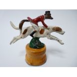 VINTAGE CAR MASCOT-FOX RIDING A HOUND by A E Lejeune, cold painted,stamped AEL, circa 1920s, 8cms H,