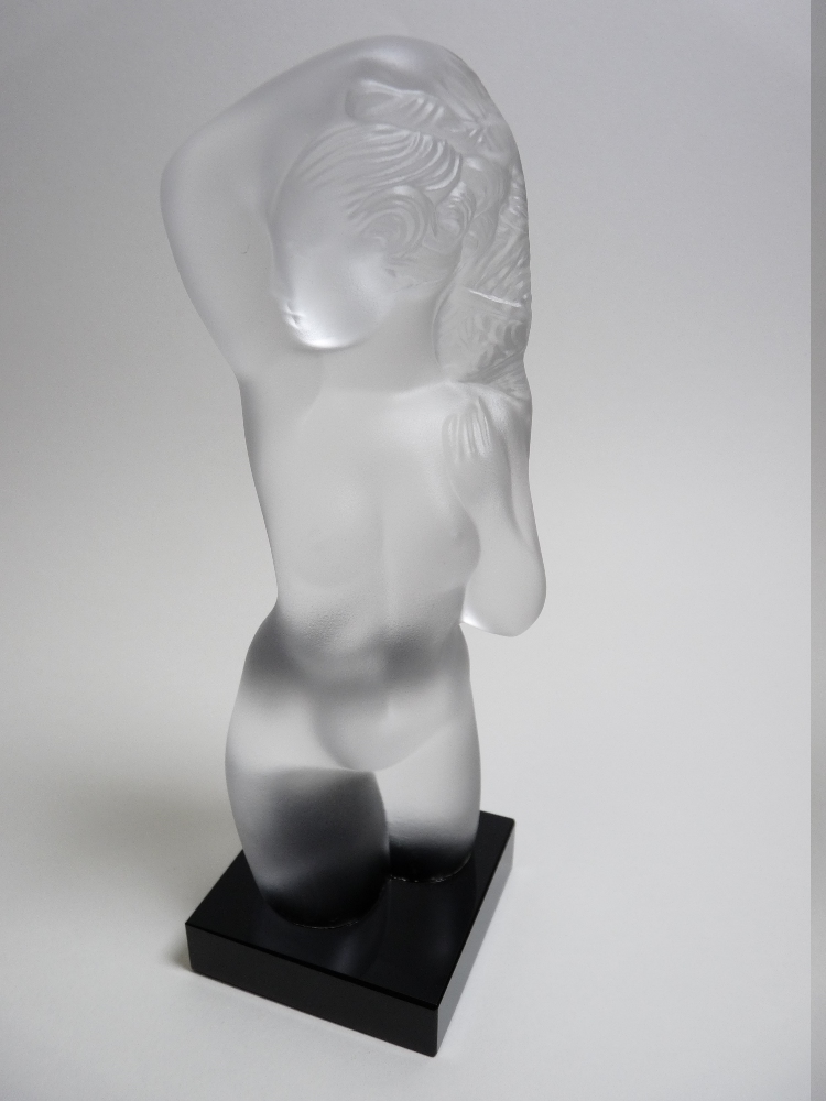 FROSTED GLASS CAR MASCOT / DESK WEIGHT in the form of a NAKED FEMALE TORSO 18cms H, maker unknown.