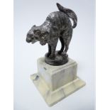VINTAGE CAR MASCOT - ANGRY CAT standing with arched back, ribbon bow to neck, possibly DUNHILLS LTD,