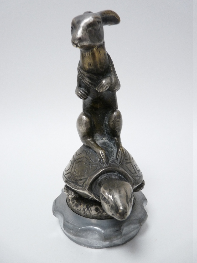 VINTAGE CAR MASCOT- HARE ON TORTOISE BACK after Henri Payne, French circa 1920, 14cms H. - Image 3 of 4