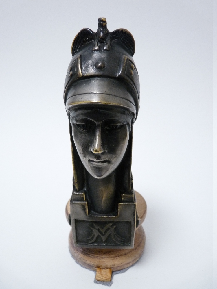 VINTAGE CAR MASCOT-MINERVA signed P de Soete, with griffin to helmet, Belgian, 1920-1930s, 15cms H.