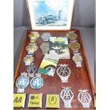 VINTAGE CAR BADGES X 17- AA & RAC mounted to a board along with a print of a Bullnose Morris