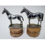 VINTAGE CAR MACOTS X 2 - STANDING HORSES by A E Lejeune, 10.5cms H, 11cms L, and DESMO,10cms H,