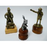 VINTAGE CAR MASCOT-SEATED RABBIT by DESMO, 7.5cms H, along with 2 brass DICKENS CHARACTER figurines,