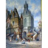 H.SCHAFER OIL ON CANVAS label verso Pecamp, Normandy busy townscape signed, 44 x 34 cms