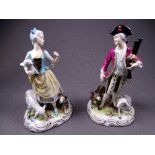 DRESDEN. PAIR OF RUSTIC FIGURINES, man with bagpipes and dog and sheep and lady with dog, sheep