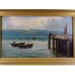 HENRY HADFIELD CUBLEY, OIL ON CANVAS- harbour scene with figures and boats, signed both front and