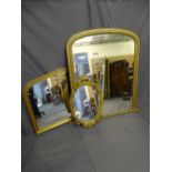 OVERMANTEL MIRROR, GILT FRAMED WITH CURVED TOP, a further half depth overmantel mirror and a small