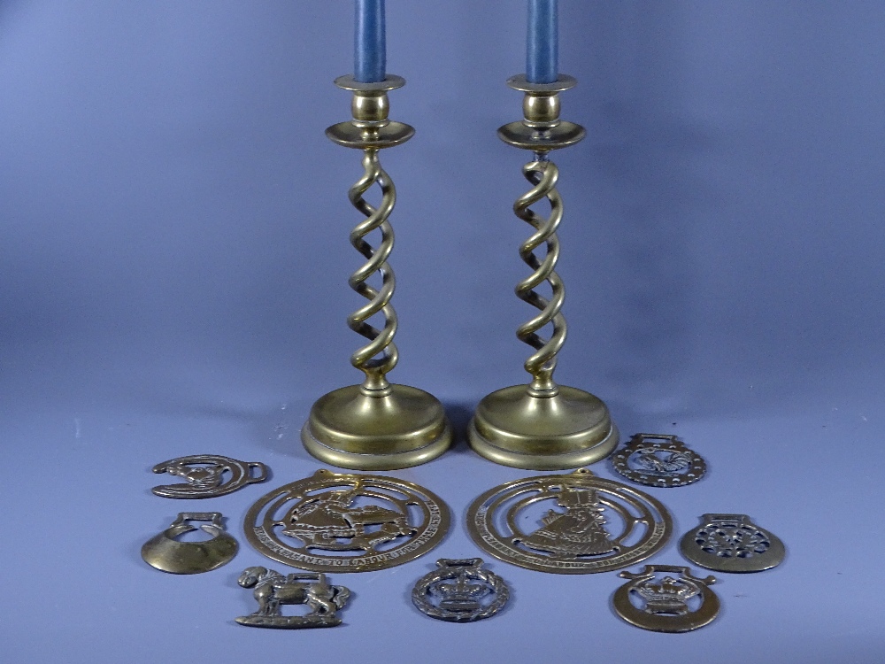 BRASSWARE-PAIR OF CIRCULAR BASED TWIST COLUMN candleholders 29cms high and a parcel of unmourned