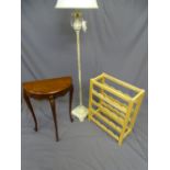 HALF MOON TABLE- MAHOGANY, neat and small on 3 cabriole supports, a modern light wood wine rack to