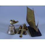 BRASSWARE, MODEL OF A CANNON, A YACHT AND A SHIP'S BELL