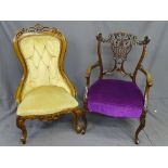 2 ARMCHAIRS. A VICTORIAN MAHOGANY STYLE SPOONBACK ARMCHAIR and a dark mahogany Edwardian armchair