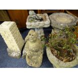 GARDEN STONEWARE. A parcel of 5 pieces incl 2 urns and a bird bath.