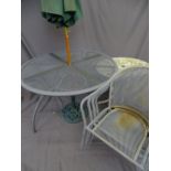 A METAL CIRCULAR GARDEN TABLE SET with 4 chairs, parasol and stand and a smaller table