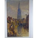 19TH CENTURY WATERCOLOUR RIVER SCENE with numerous figures and steepled church, unsigned but with