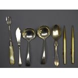 SILVER FLATWARE and propelling pencils, a pair of silver ladles 1925 , jam spoon 1921, a mother of