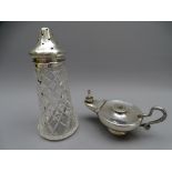 ALADDIN MINIATURE OIL LAMP with serpent handle, 3.8 ounces Chester 1911 and a glass sugar shaker