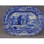 BLUE AND WHITE TURKEY PLATTER-Riverside palladian scene with numerous turbanned figures in a boat