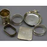 SILVER ITEMS, AN ASSORTMENT to include Apple shaped pin tray, Monogrammed napkin rings , shallow box