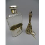HIP FLASK, SILVER AND GLASS with silver screw top, London 1911 and a white metal decorative posy