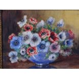 MARION BROOM, WATERCOLOUR study of pansies in a blue bowl, signed 35x44 cms