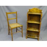 POLISHED 3-SHELF OPEN BOOKCASE with barley twist side supports, 40cms wide and a cane seated bedroom