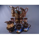 COPPER LUSTRE - graduated set of 3 jugs, 2 pairs of other smaller jugs and one other.