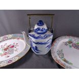 LARGE REPRODUCTION ORIENTAL BLUE AND WHITE brass handled kettle and 2 large Copeland oval turkey
