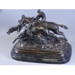 CAST BRONZE STATUE OF TWO RACE HORSES on a deep stepped marble plinth E.Loiseau stamped to the