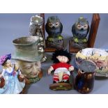 PARCEL OF MAINLY POTTERY-Beswick Toby jug, majolica style metal lidded water jug, 2 wall plates,