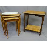 COFFEE TABLES, GLASS TOPPED, a nest of 3 and a polished, 2-tier occasional table