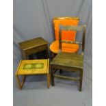 A PARCEL-A FARMHOUSE CHAIR, a polished 3-section record chest, a small tiled top table and an