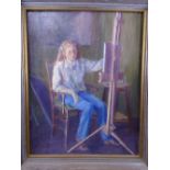 MYFANWY JOHNS, OIL ON CANVAS, young lady artist seated at her easel, signed and dated 1982 verso,