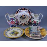 POTTERY- PAIR OF LEAF AND FLORAL PAINTED JUGS, a Staffs ironstone floral plate and 2 further pottery