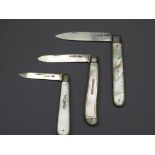 SILVER AND MOTHER OF PEARL fruit knives (3) 1824, 1896 and 1915