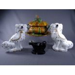 PAIR OF WHITE SEATED STAFFS DOGS, a black Jackfield cow creamer and a large oval 'corn on the cob'