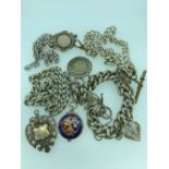SILVER AND WHITE METAL WATCH chains and fobs to include a 1900 fob and enamelled 1949 cricket fob