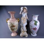 2 LARGE POTTERY VASES and a large continental China figurine of a girl with tambourine (a/f)