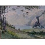 R KAILLEUX, INDISTINCTLY SIGNED WATERCOLOUR French lake scene with 2 figures, dated 1906, 30x44 cms