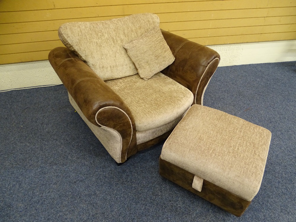 A FAUX 'SKIN' HALF LEATHER ARMCHAIR and a box lidded footstool