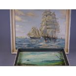 J BISHOP OIL ON CANVAS a four masted ship 55 x 63cms and another of Cornwall