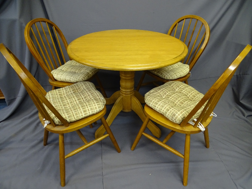 MODERN LIGHT WOOD BREAKFAST TABLE, drop leaf with 4 spindle backed Windsor chairs