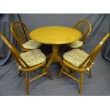 MODERN LIGHT WOOD BREAKFAST TABLE, drop leaf with 4 spindle backed Windsor chairs